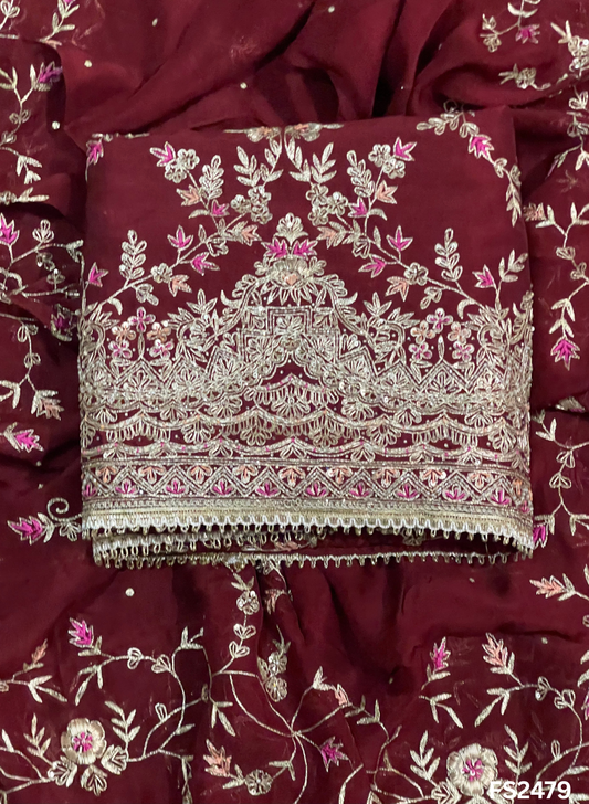 FS2479 | Mehroon | Raw Silk | Party Wear | Wedding | Jaggo | Ring Ceremony | Festival