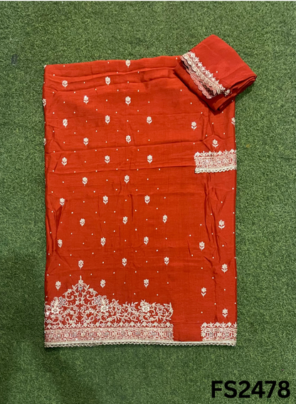 FS2478 | Rust | Raw Silk | Party Wear | Wedding | Jaggo | Ring Ceremony | Festival
