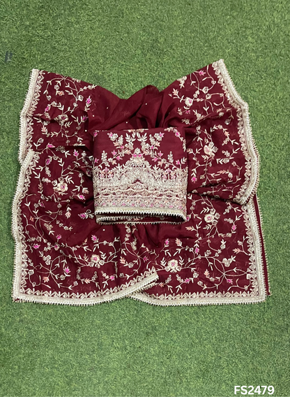 FS2479 | Mehroon | Raw Silk | Party Wear | Wedding | Jaggo | Ring Ceremony | Festival