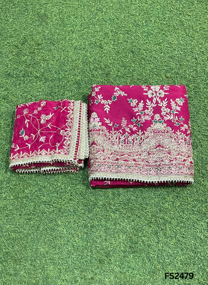 FS2479 | Mehroon | Raw Silk | Party Wear | Wedding | Jaggo | Ring Ceremony | Festival