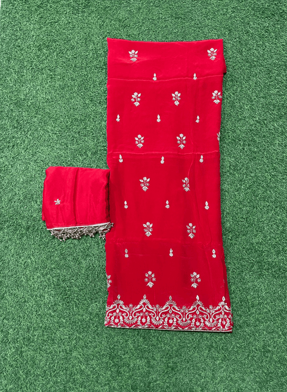 FS250 | Red Crepe | Crepe Suit | Wedding | Party Wear | Ring Ceremony | Festival Suit | F9FAAA