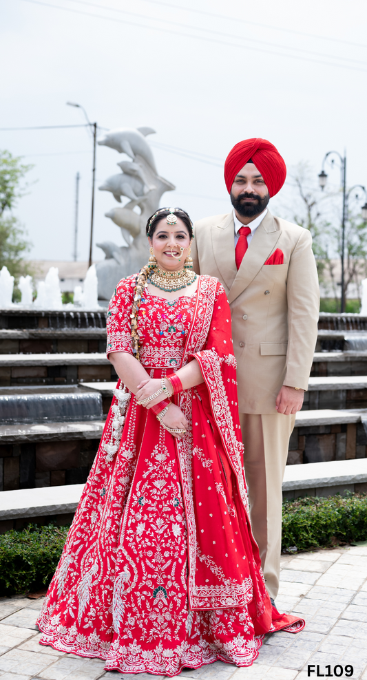 FL109 | Royal Red | Bridal Lehenga |  Raw Silk | Hand Embroidery |  Wedding Day | Designer Bridal Lehenga
