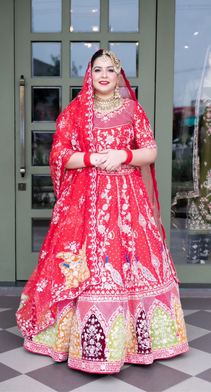 FL107 | Royal Red | Bridal Lehenga |  Raw Silk | Hand Embroidery |  Wedding Day | Designer Bridal Lehenga