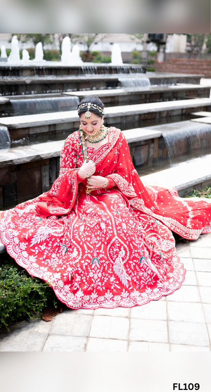 FL109 | Royal Red | Bridal Lehenga |  Raw Silk | Hand Embroidery |  Wedding Day | Designer Bridal Lehenga