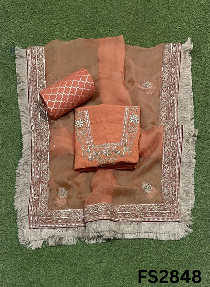 FS2845 | Rust | Raw Silk | Kurti-lehnga | Party Wear | Wedding | Jaggo | Festival