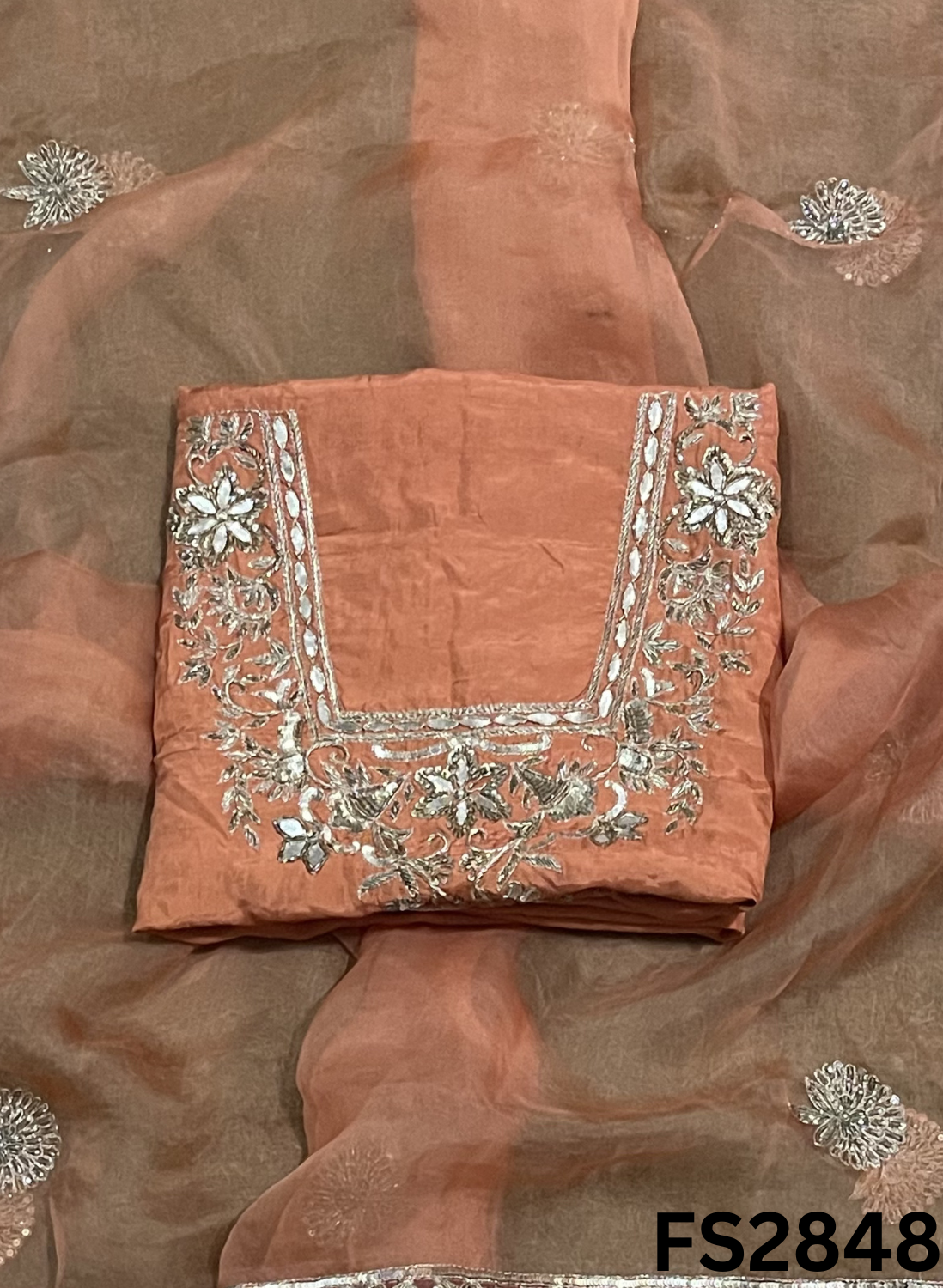 FS2845 | Rust | Raw Silk | Kurti-lehnga | Party Wear | Wedding | Jaggo | Festival