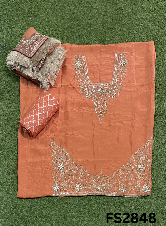 FS2848 | Rust | Raw Silk | Kurti-lehnga | Party Wear | Wedding | Jaggo | Festival