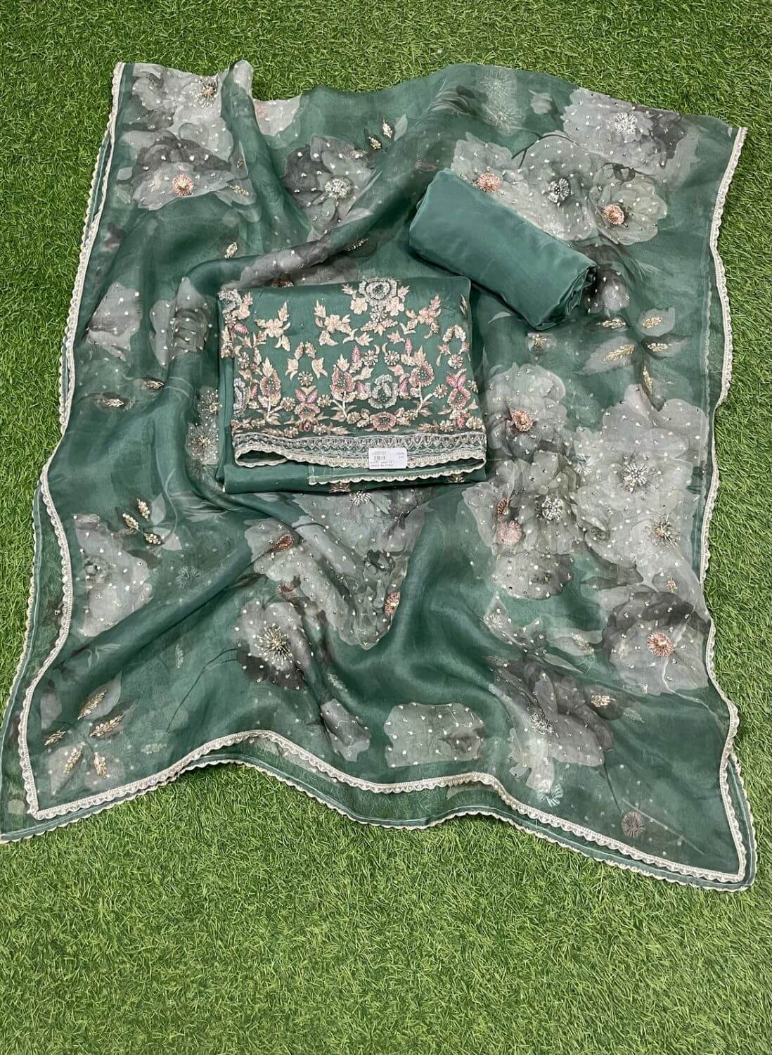 Sea green Pure Organza Suit | Party Wear | Wedding | Jaggo | Ring Ceremony | Festival | FS223