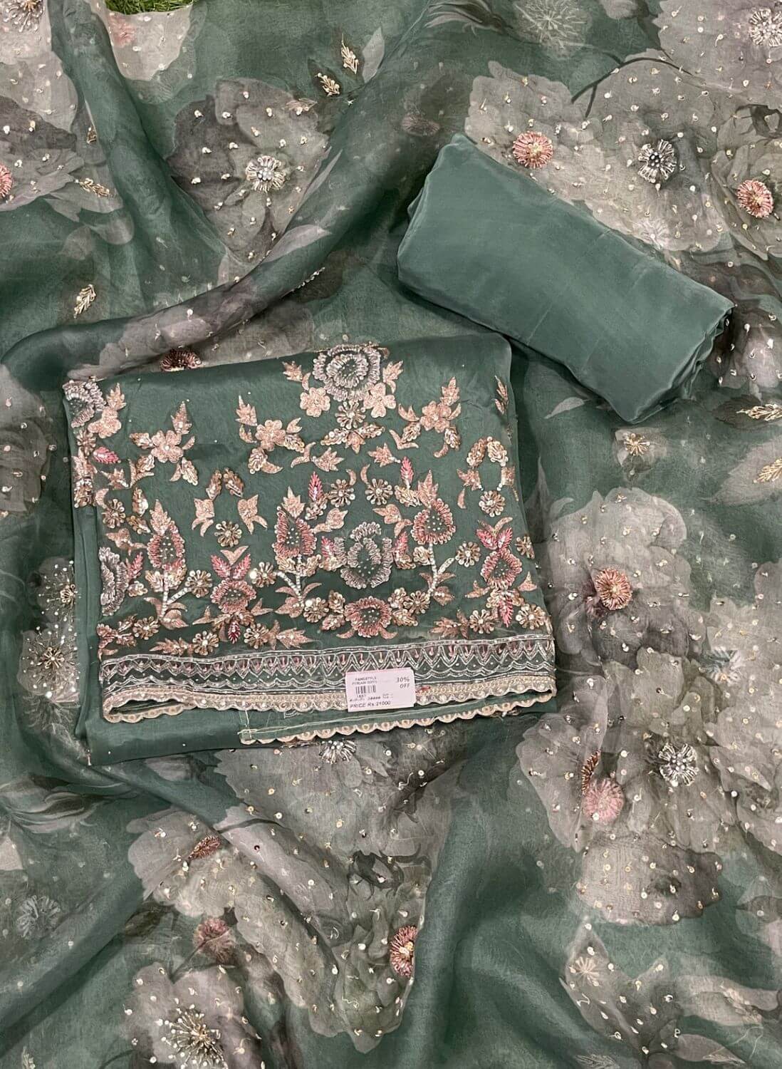 Sea green Pure Organza Suit | Party Wear | Wedding | Jaggo | Ring Ceremony | Festival | FS223