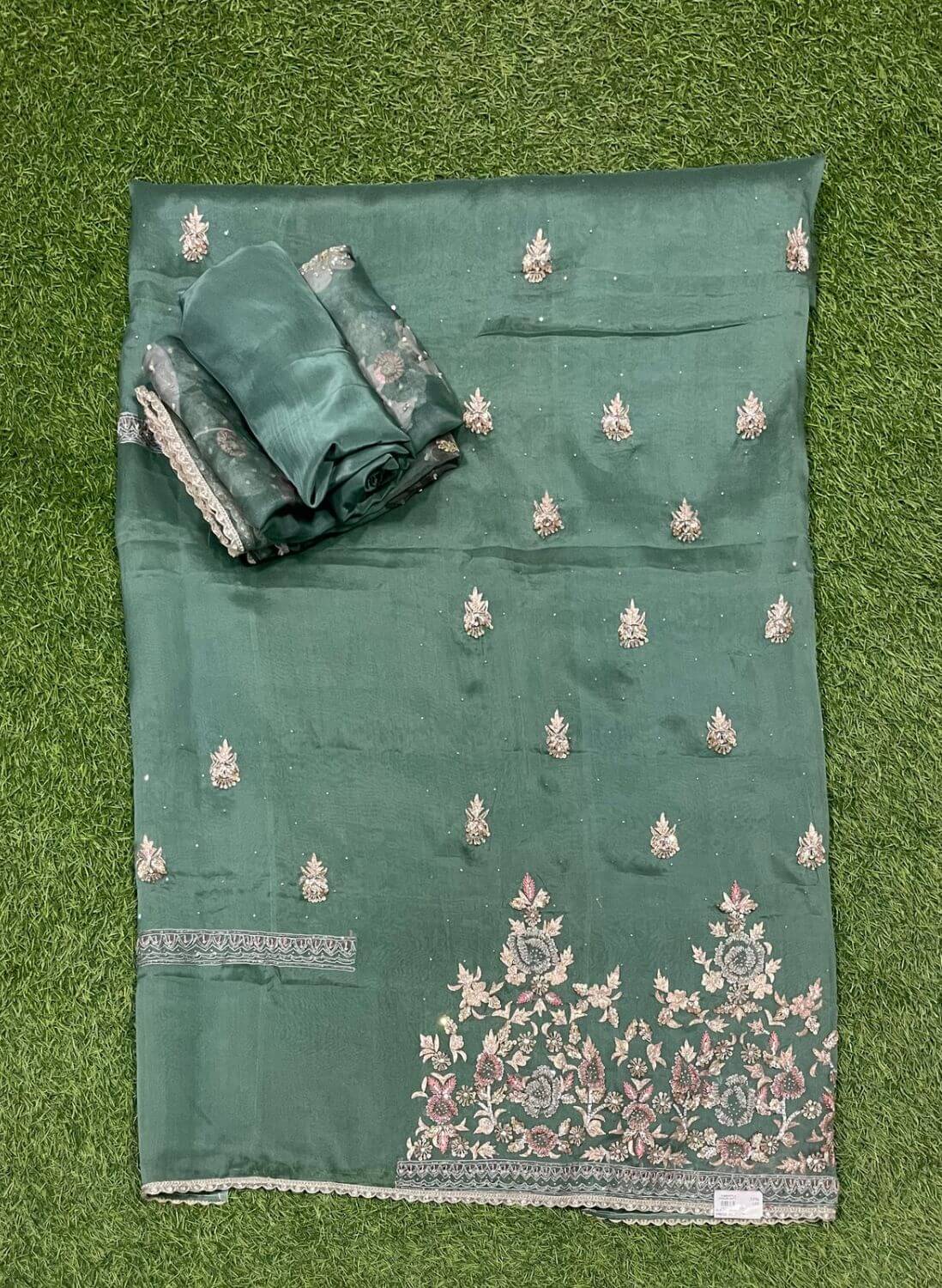 Sea green Pure Organza Suit | Party Wear | Wedding | Jaggo | Ring Ceremony | Festival | FS223