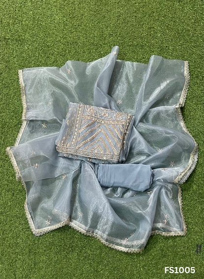 FS1005 | Powder Blue |  Shimmer Organza Suit | Party Wear | Wedding | Jaggo | Ring Ceremony | Festival |