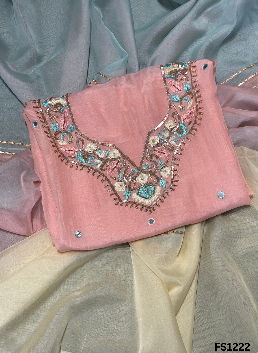 FS1222 | Peach | Organza | Organza Suit | Wedding | Party Wear | Ring Ceremony | Festival Suit | Allover suit