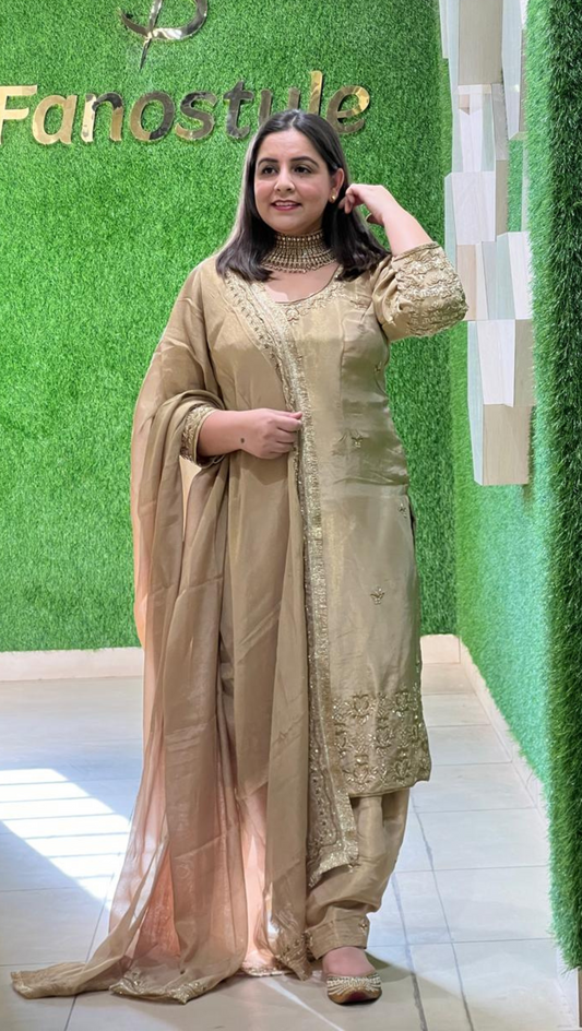 We will Ship In 15-20 Days | Tan Shimmer Suit | Party Wear | Wedding | Jaggo | Ring Ceremony | Festival | FS206