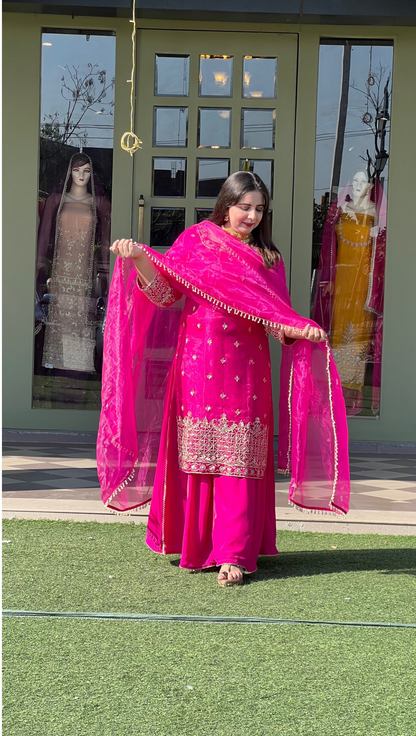 Hot pink glass Shimmer  Suit | Party Wear | Wedding | Jaggo | Ring Ceremony | Festival