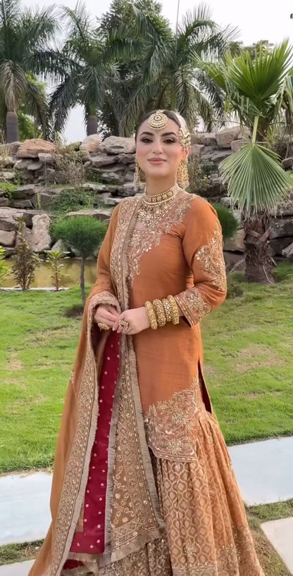 FS923 | Rust | Raw Silk | Kurti-Lehnga | Party Wear | Wedding | Jaggo | Festival