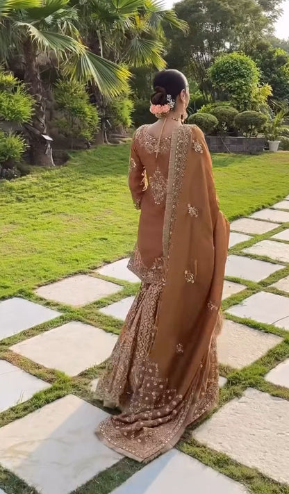 FS923 | Rust | Raw Silk | Kurti-Lehnga | Party Wear | Wedding | Jaggo | Festival