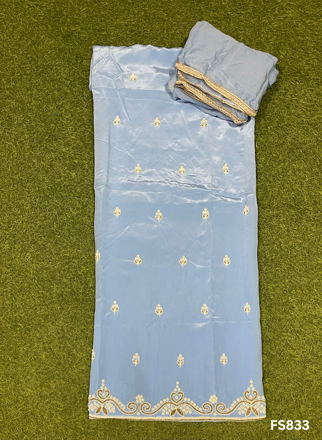 FS833 | Sky-Blue | Crepe Suit | Wedding | Party Wear | Ring Ceremony | Festival Suit | Allover suit | F9DAAA