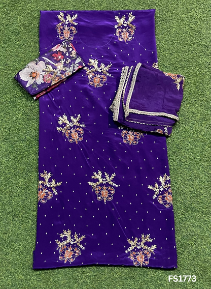 FS1773 | Purple | Crepe Suit | Hand-Work | Party Wear | Wedding | Ring Ceremony | Festival | Bridal Suit