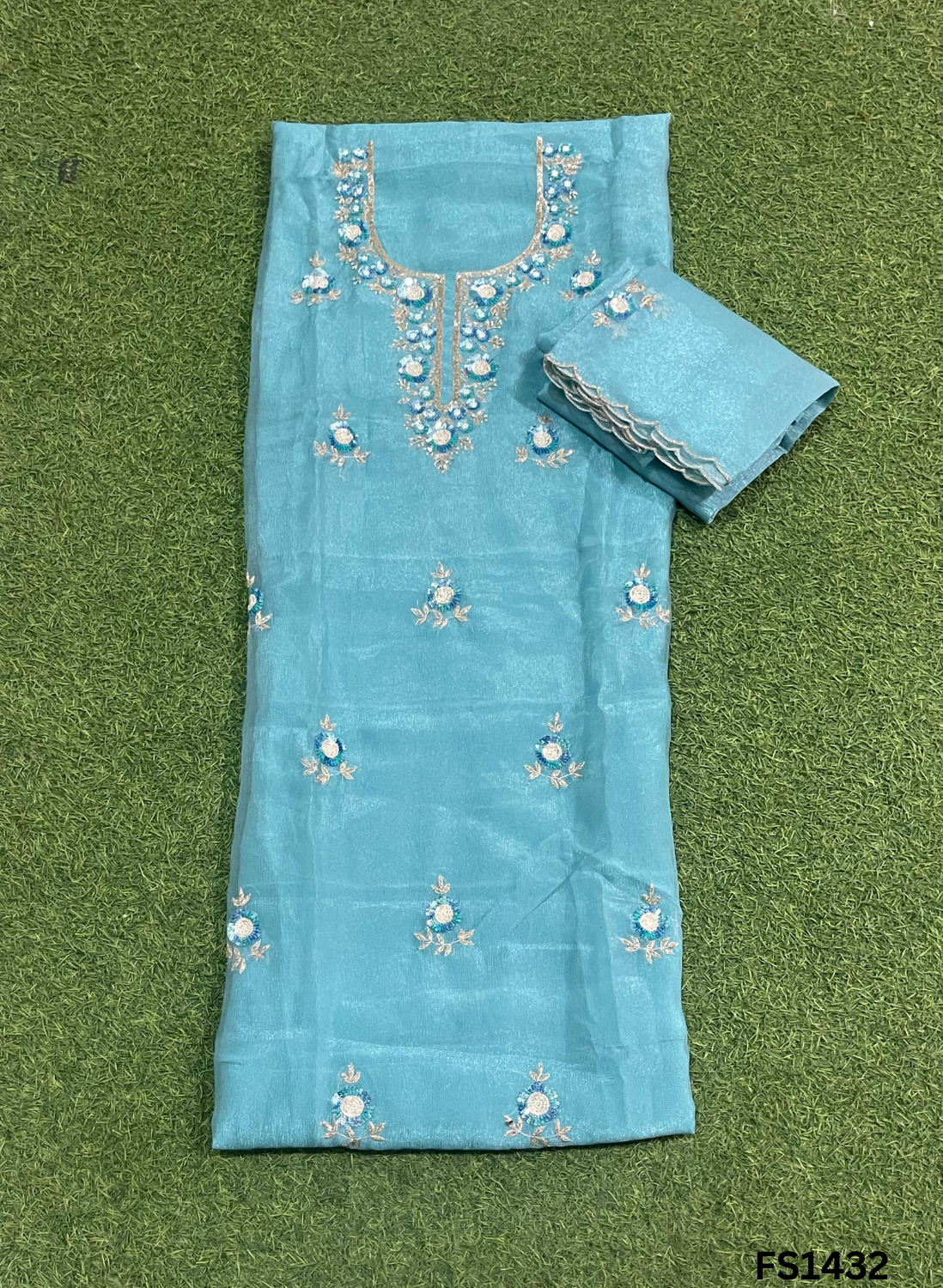 FS1431 | Light-Sky-Blue | Crush Shimmer Suit | Party Wear | Wedding | Jaggo | Ring Ceremony | Festival |