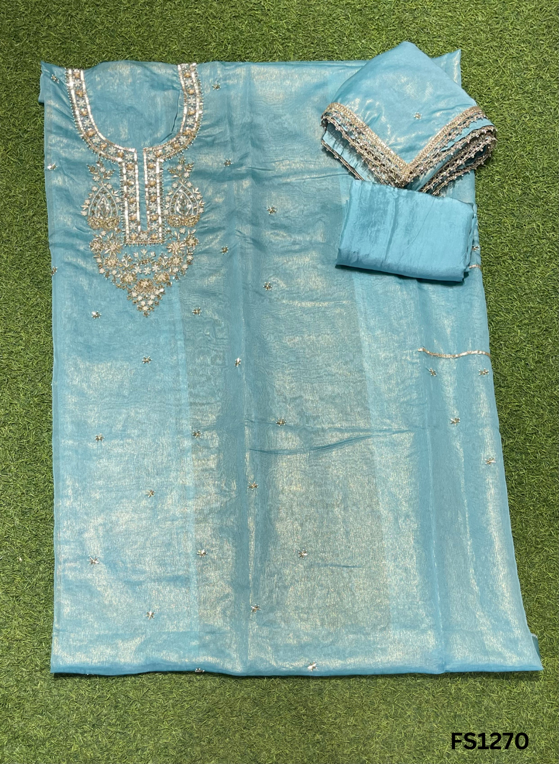 FS1270 | Sky-Blue | Crush Shimmer Suit | Party Wear | Wedding | Jaggo | Ring Ceremony | Festival