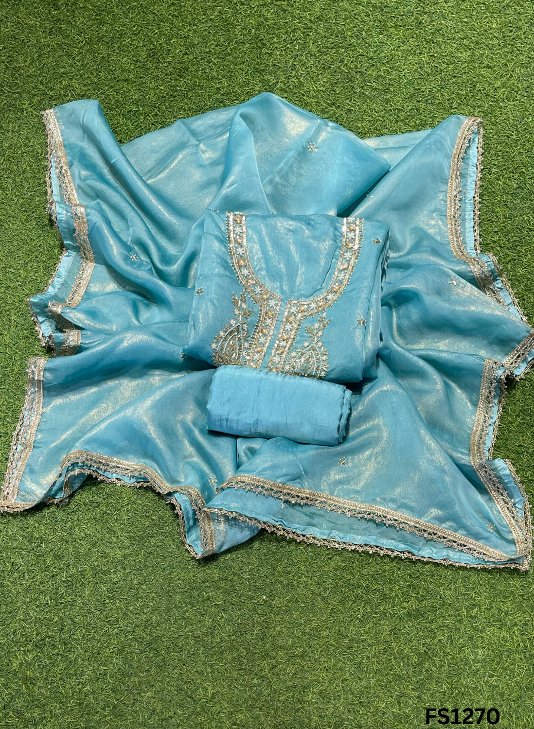 FS1270 | Sky-Blue | Crush Shimmer Suit | Party Wear | Wedding | Jaggo | Ring Ceremony | Festival