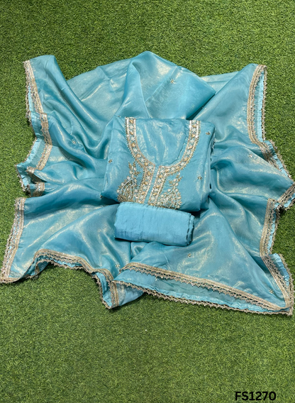 FS1270 | Sky-Blue | Crush Shimmer Suit | Party Wear | Wedding | Jaggo | Ring Ceremony | Festival