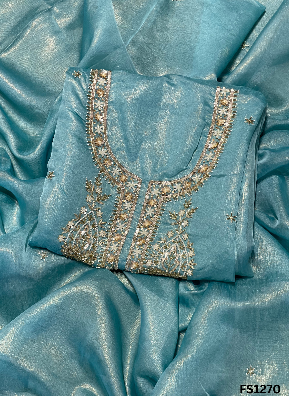 FS1270 | Sky-Blue | Crush Shimmer Suit | Party Wear | Wedding | Jaggo | Ring Ceremony | Festival