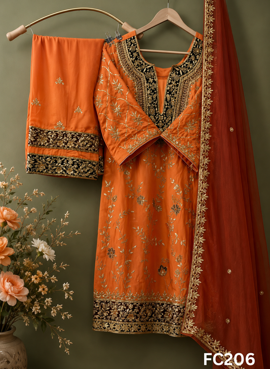 FC206 | Made To Order (30-45 Days  ) |  Pure Silk  | Orange  | Party Wear | Wedding | Festival | Celebrity | Ring Ceremony