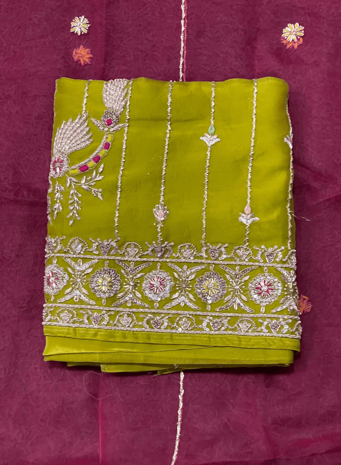Mehandi and Hot-Pink | Organza Suit | Party Wear | Wedding | Jaggo | Ring Ceremony | Festival | FS110