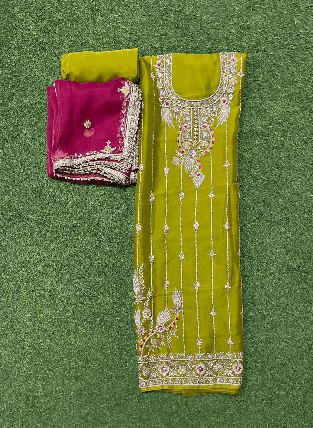 Mehandi and Hot-Pink | Organza Suit | Party Wear | Wedding | Jaggo | Ring Ceremony | Festival | FS110