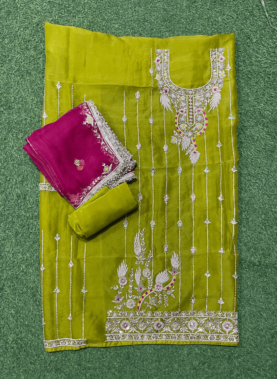 Mehandi and Hot-Pink | Organza Suit | Party Wear | Wedding | Jaggo | Ring Ceremony | Festival | FS110
