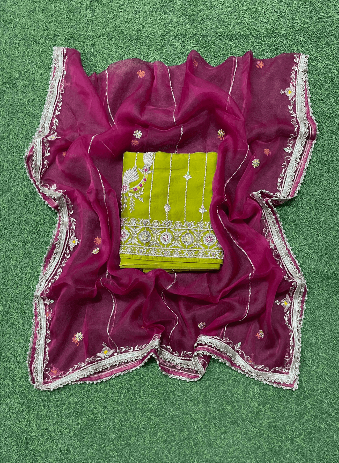 Mehandi and Hot-Pink | Organza Suit | Party Wear | Wedding | Jaggo | Ring Ceremony | Festival | FS110