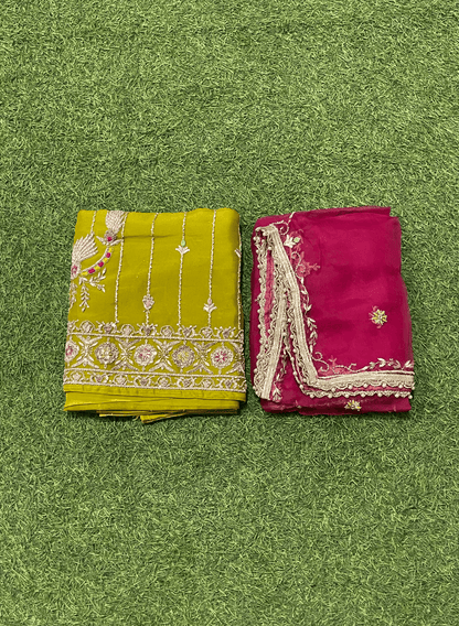 Mehandi and Hot-Pink | Organza Suit | Party Wear | Wedding | Jaggo | Ring Ceremony | Festival | FS110