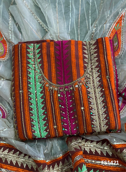 FS1421 | Rust Shade | Phulkari Suit | Party Wear | Wedding | Jaggo | Festival