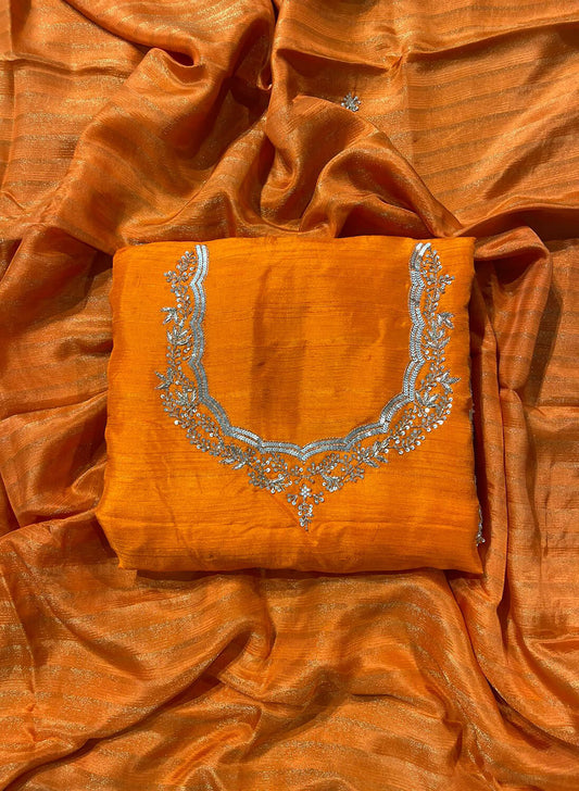 Orange | Raw silk Suit | Party Wear | Wedding | Jaggo | Ring Ceremony | Festival