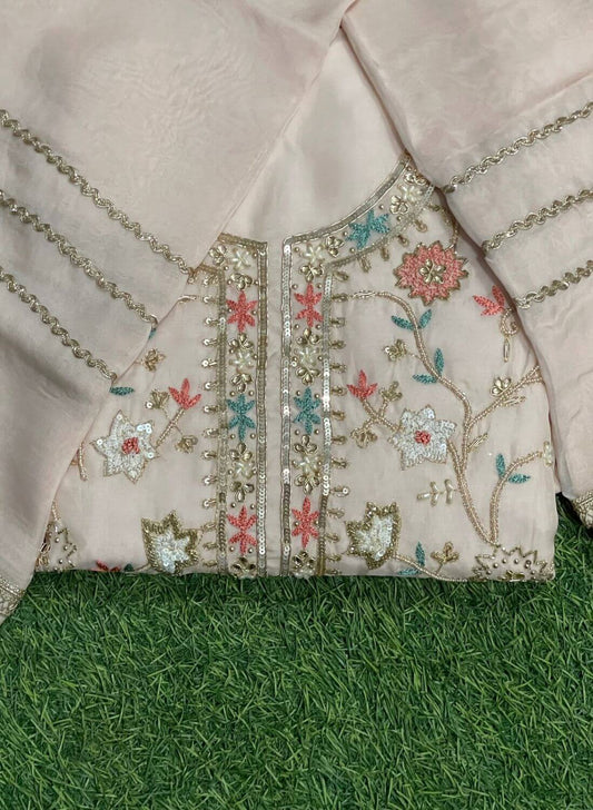 Peach Organza Suit | Party Wear | Wedding | Jaggo | Ring Ceremony | Festival |