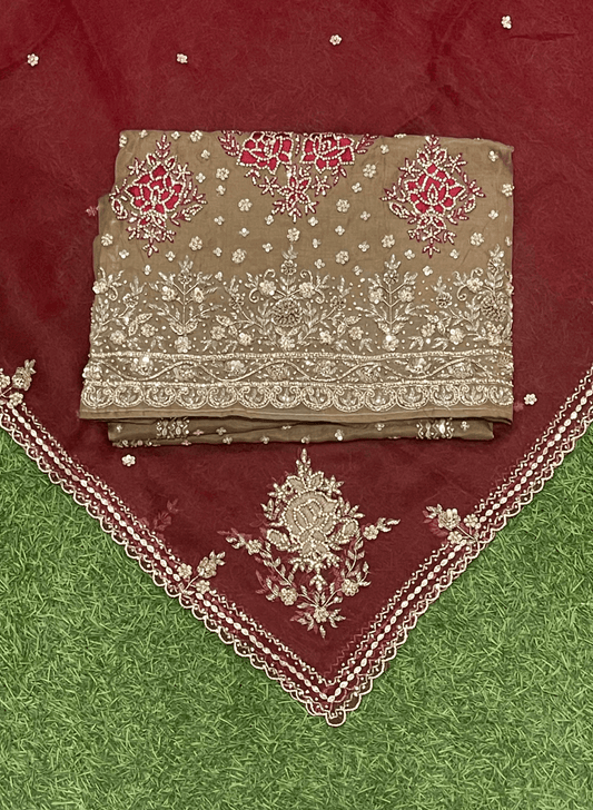 FS131 | Organza Mouse and red Suit | Party Wear | Wedding | Jaggo | Ring Ceremony | Festival |