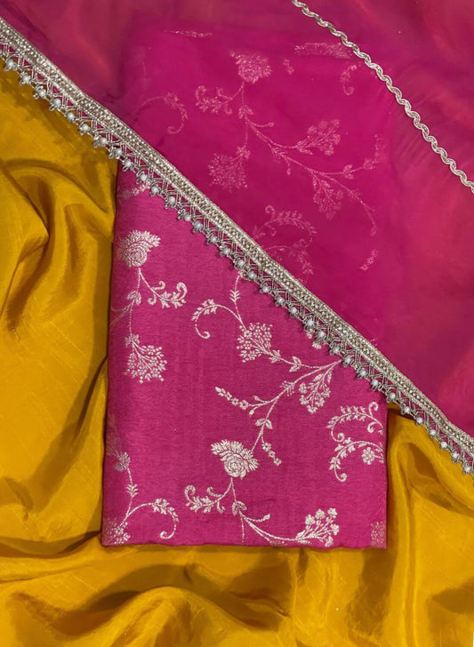 Mustred and Hot Pink| Raw Silk Suit | Party Wear | Wedding | Jaggo | Festival |