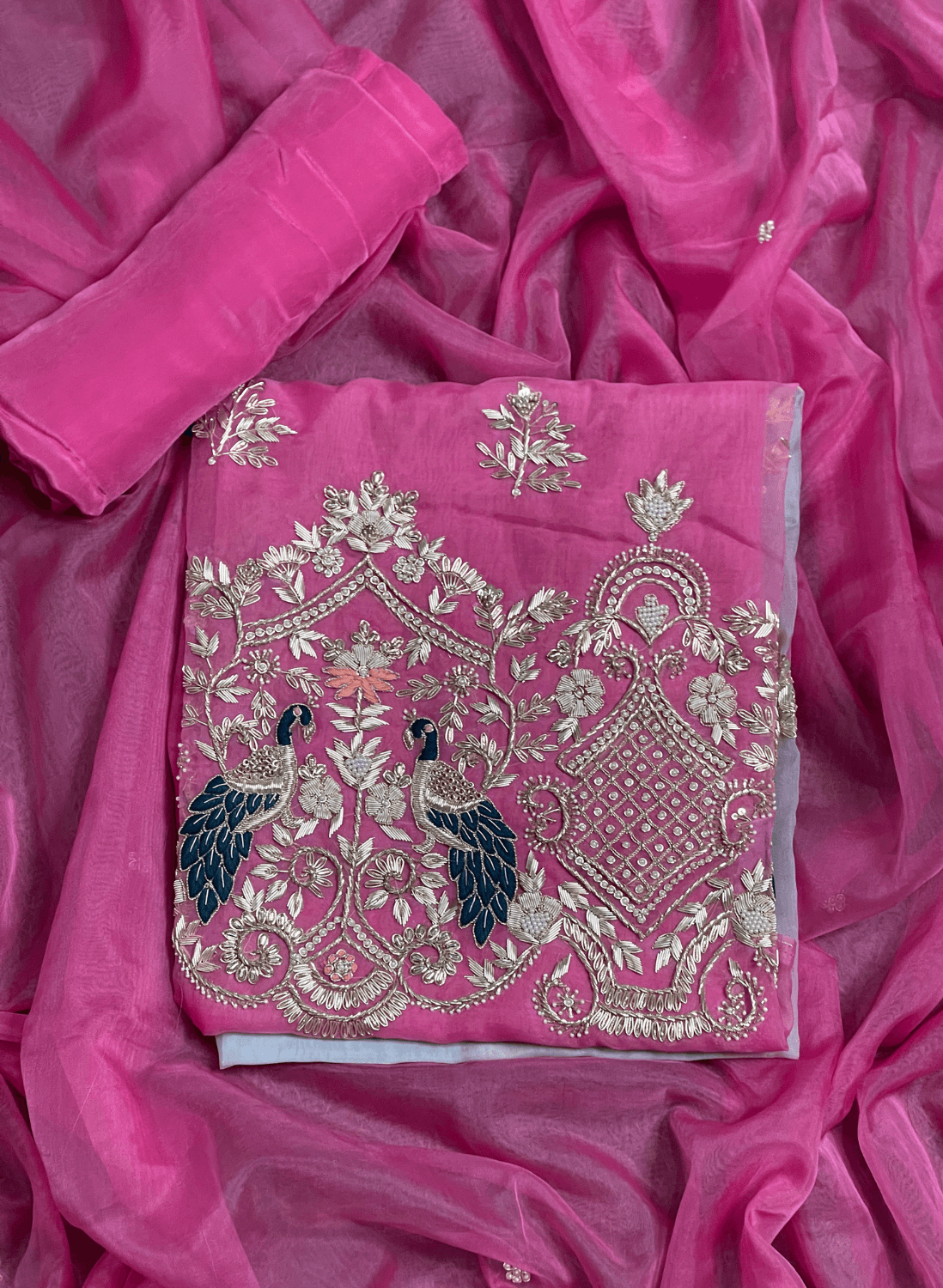 Pink and Gray | Organza Suit| Party Wear | Wedding | Jaggo | Ring Ceremony | Festival | Handwork suit| FS271
