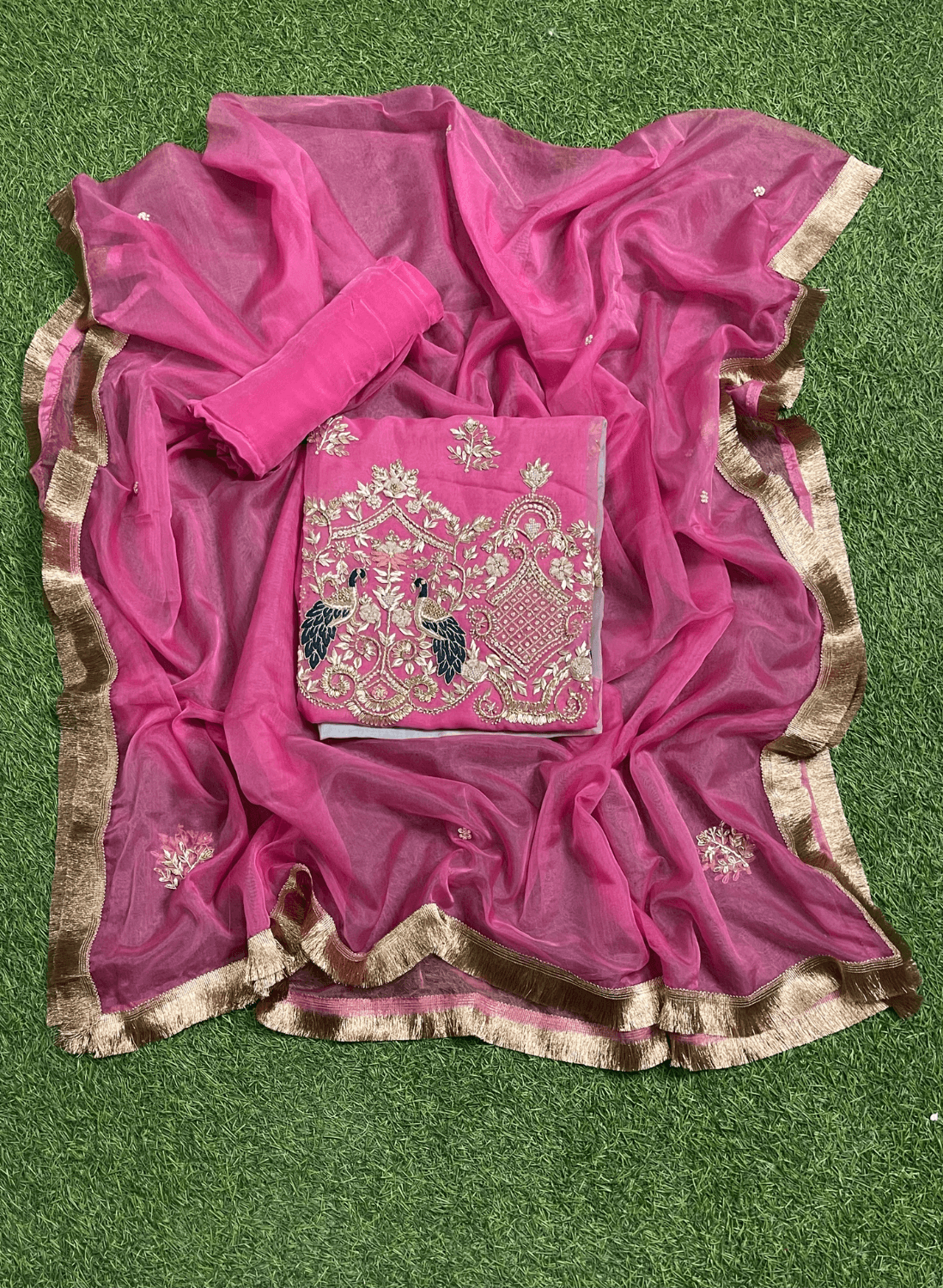 Pink and Gray | Organza Suit| Party Wear | Wedding | Jaggo | Ring Ceremony | Festival | Handwork suit| FS271