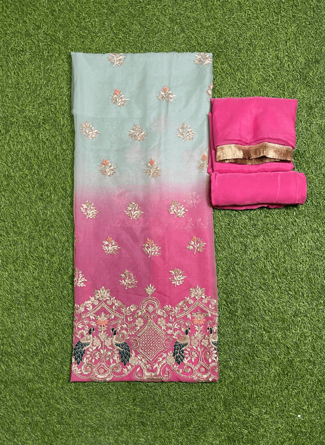 Pink and Gray | Organza Suit| Party Wear | Wedding | Jaggo | Ring Ceremony | Festival | Handwork suit| FS271