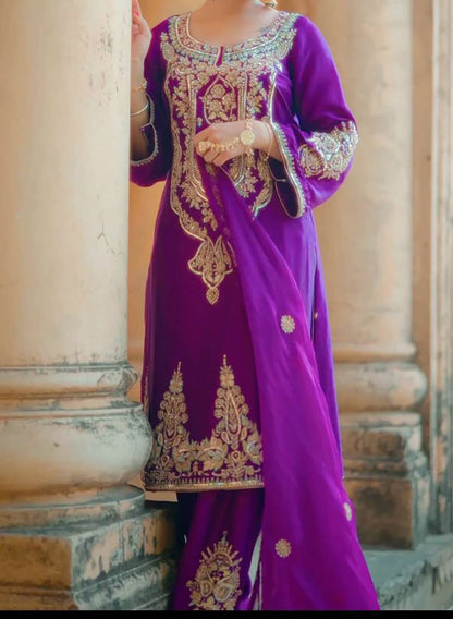 Purple | Raw Silk | Party Wear | Wedding | Jaggo | Ring Ceremony | Festival