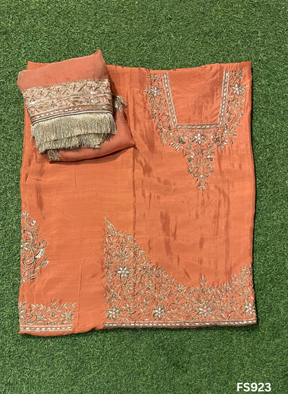FS923 | Rust | Raw Silk | Kurti-Lehnga | Party Wear | Wedding | Jaggo | Festival