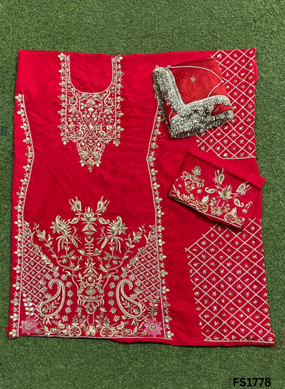 FS1778 | Red | Raw Silk Suit | Bridal Suit | Party Wear | Wedding | Jaggo | Festival