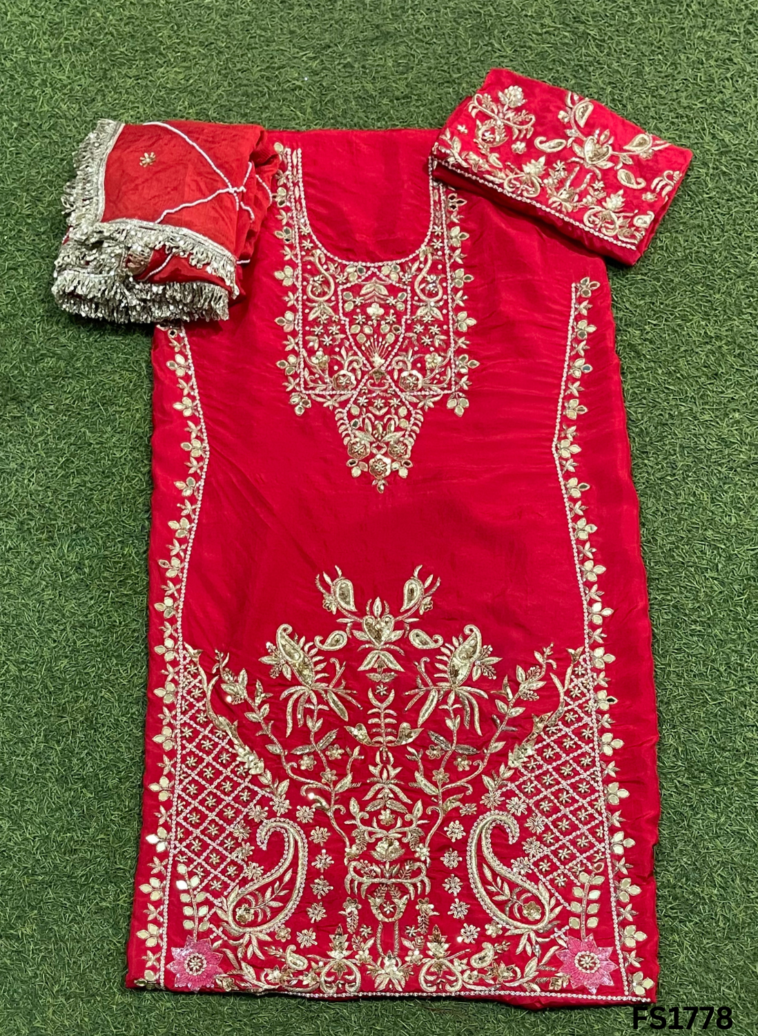 FS1778 | Red | Raw Silk Suit | Bridal Suit | Party Wear | Wedding | Jaggo | Festival