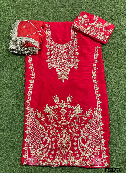 FS1778 | Red | Raw Silk Suit | Bridal Suit | Party Wear | Wedding | Jaggo | Festival