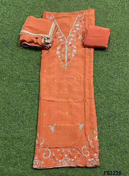 FS1216 | Rust  | Raw Silk | Party Wear | Wedding | Jaggo | Ring Ceremony | Festival