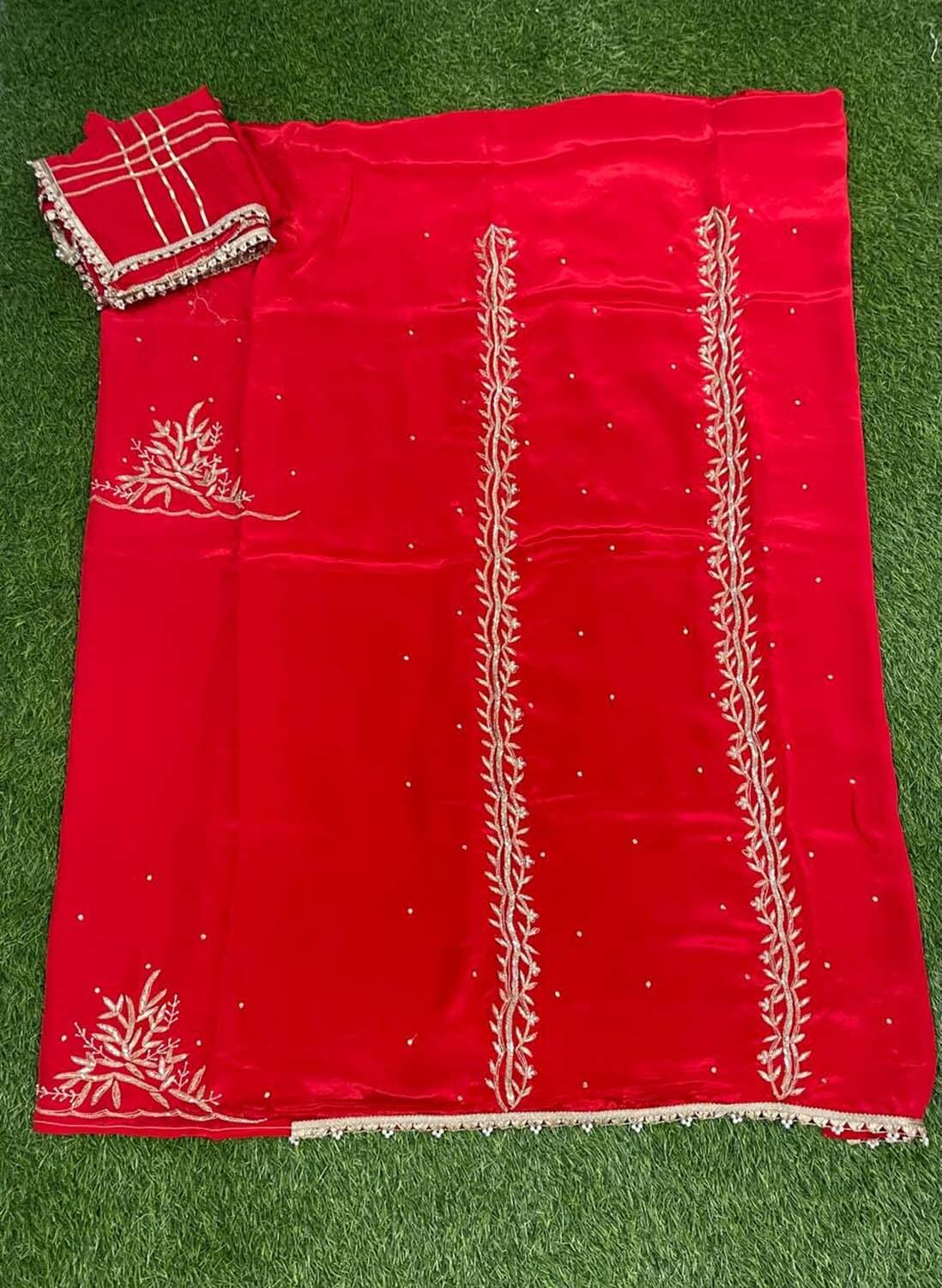 Red Black Crepe Suit | Chanon Dupatta | Suit for Sisters | Party Wear | Wedding | Jaggo | Handwork Suit