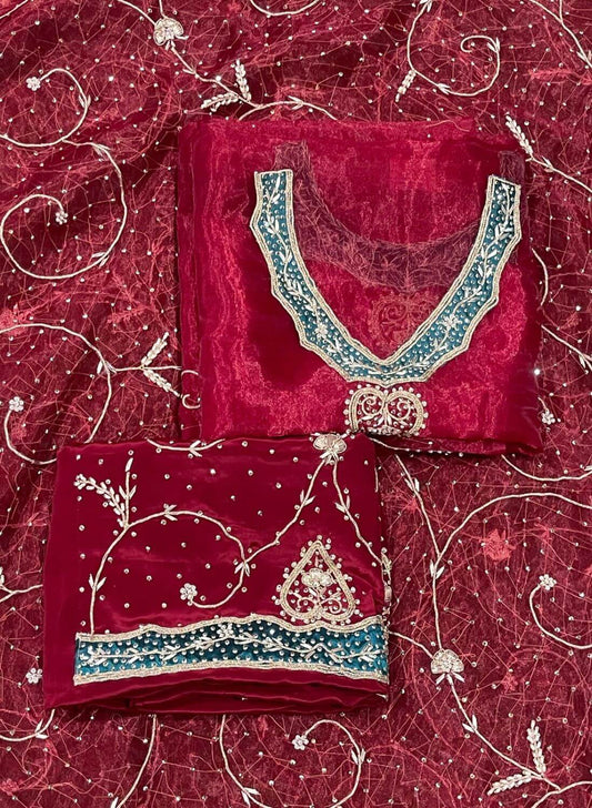 FS142 | Red Pure Organza Suit | Party Wear | Wedding | Jaggo | Ring Ceremony | Festival |