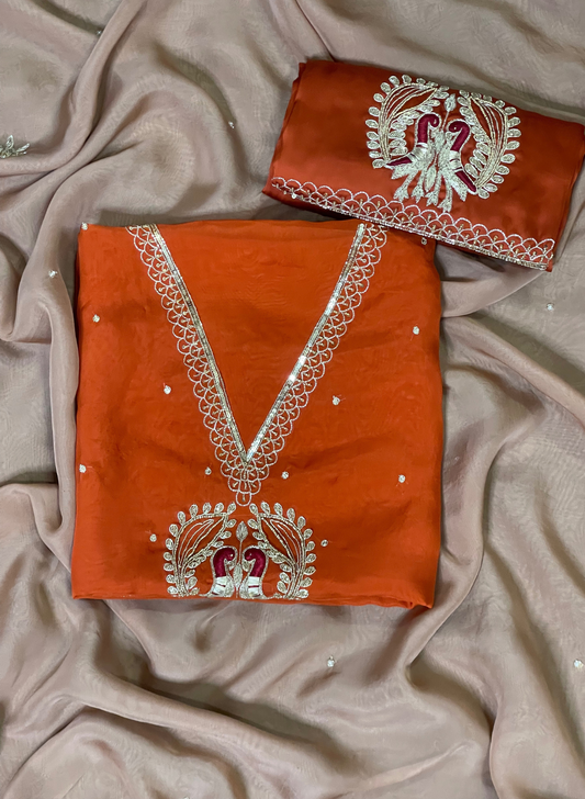 FS722 | Rust | Organza Suit| Party Wear | Wedding | Jaggo | Ring Ceremony | Festival  |